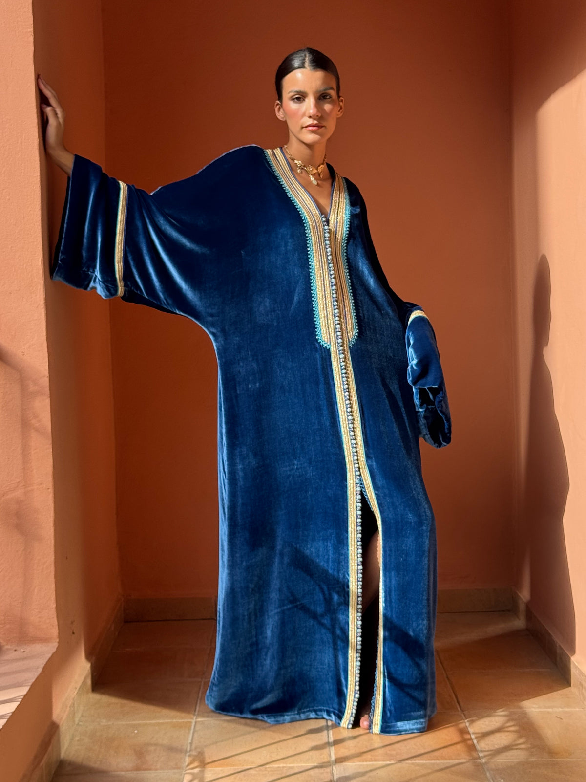 Ghala Silk Velvet Kaftan – Blue – view 4