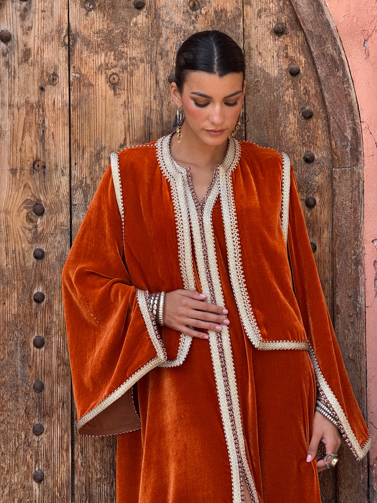 Hawra Silk Velvet Kaftan – Terracotta – view 9