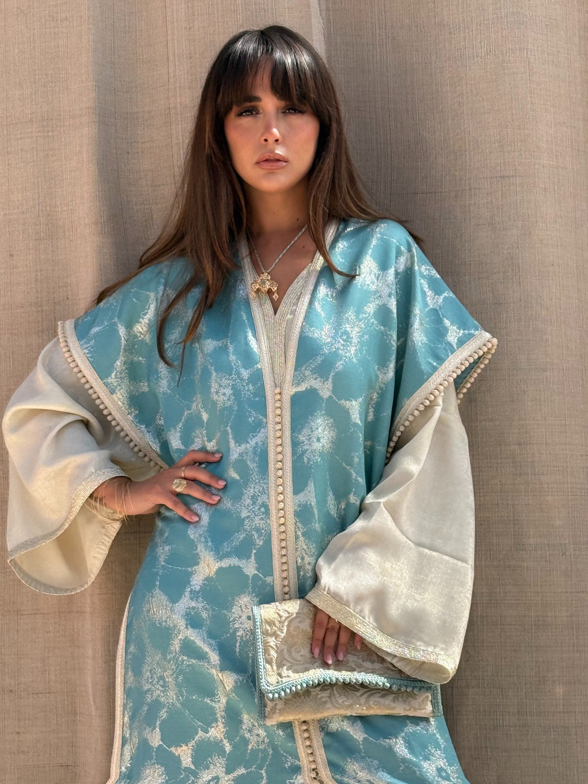Loubna blue kaftan with contrasting cream sleeves
