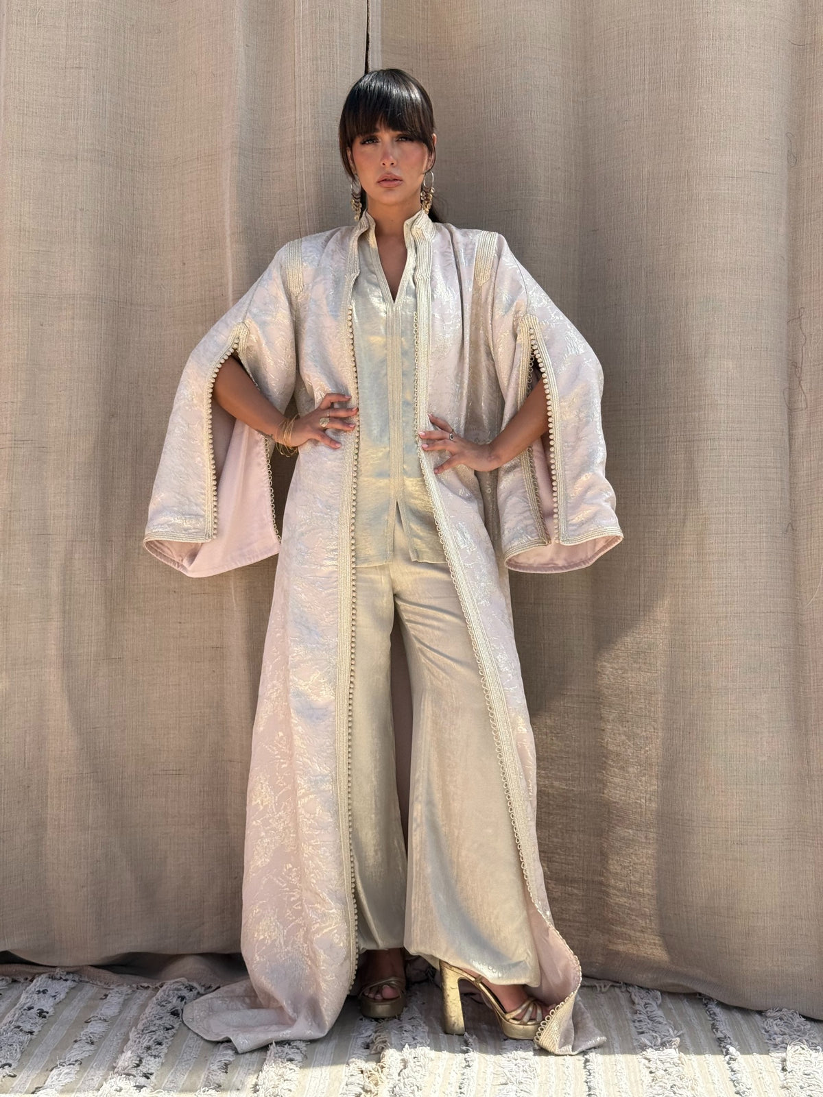 Nadine three-piece silk set in Blush — full-length front view