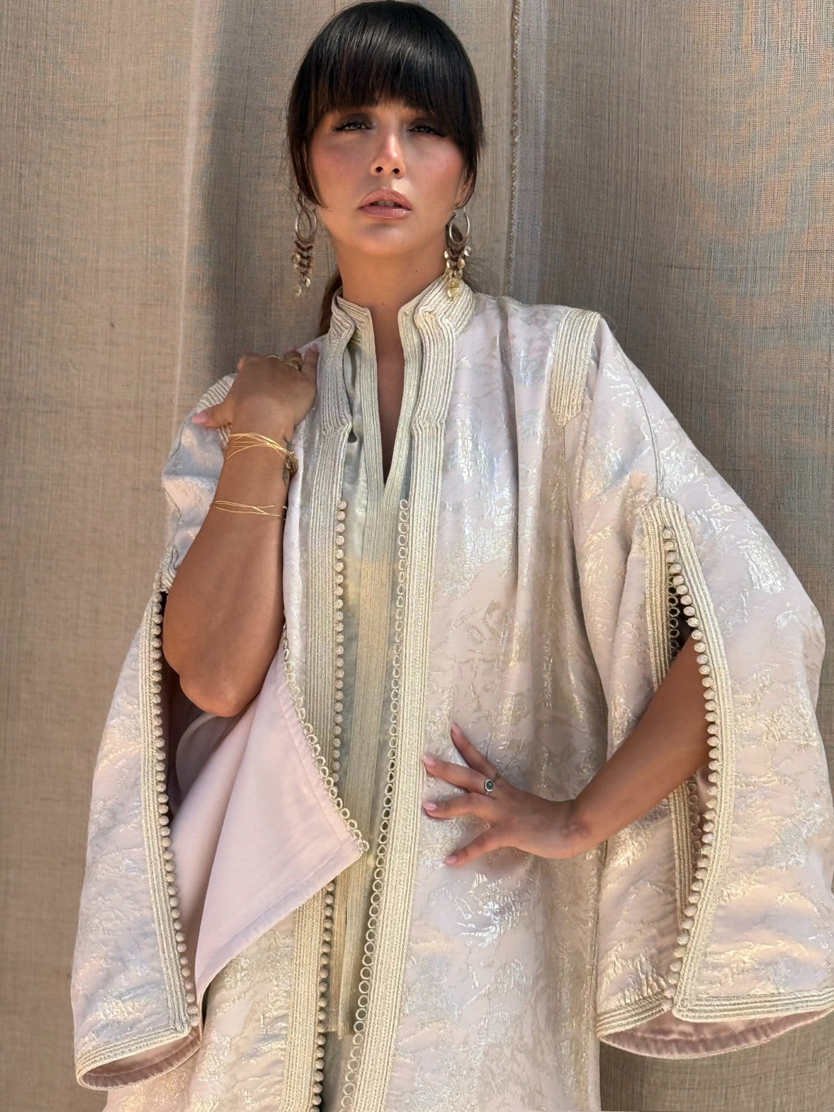 Nadine three-piece silk set in Blush — neckline and trim detail