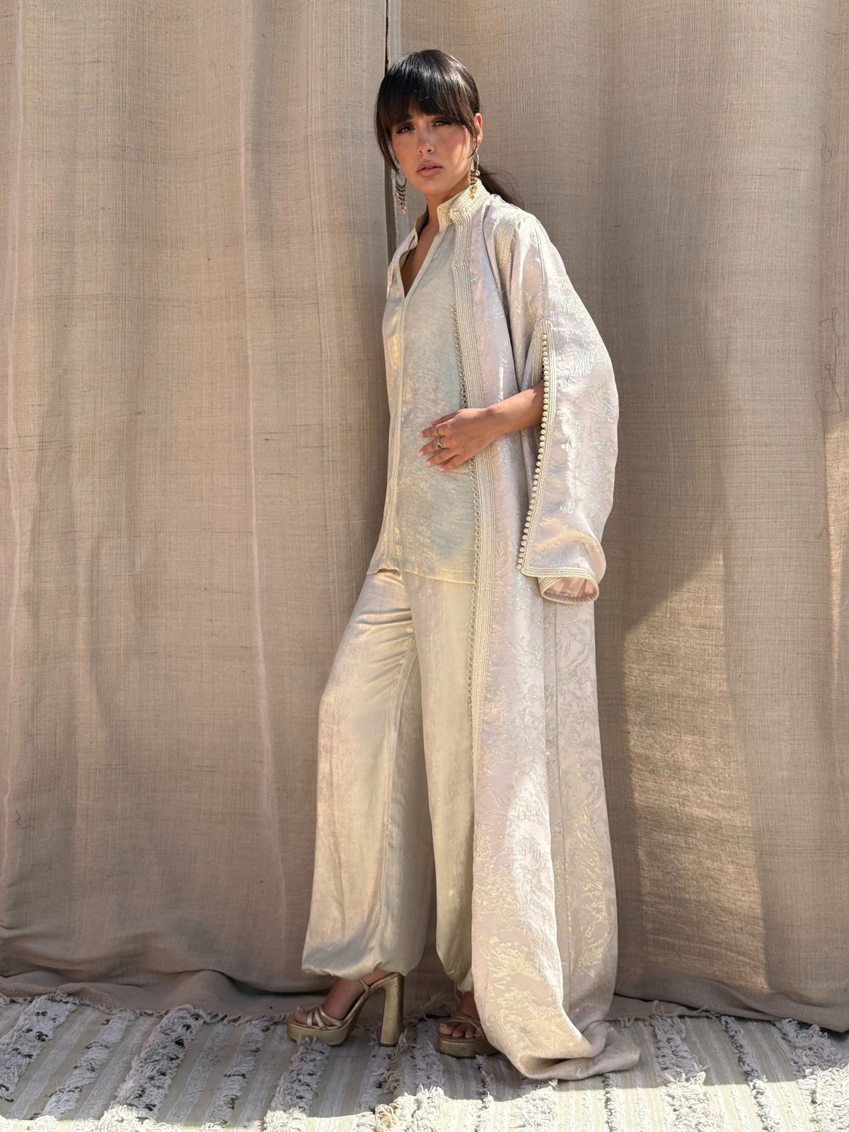 Nadine three-piece silk set in Blush — side view