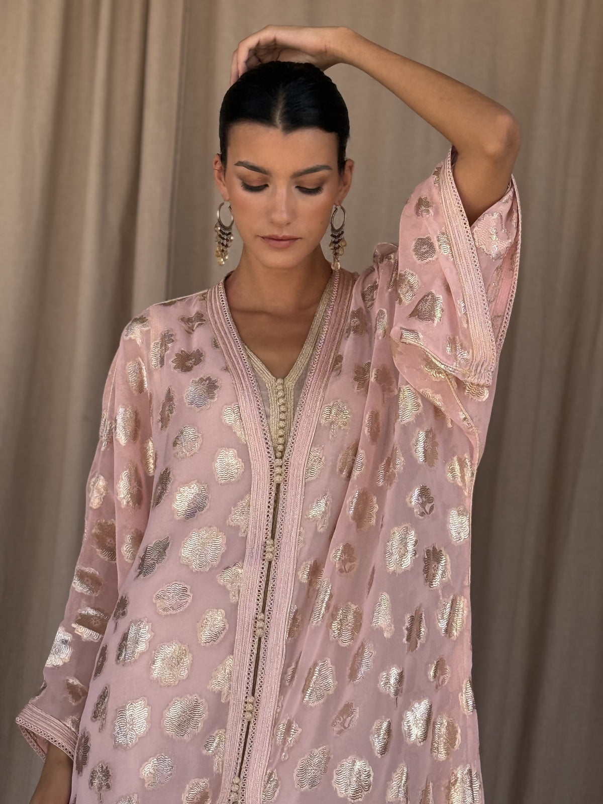 Sannia silk Kaftan — gold motif detail
