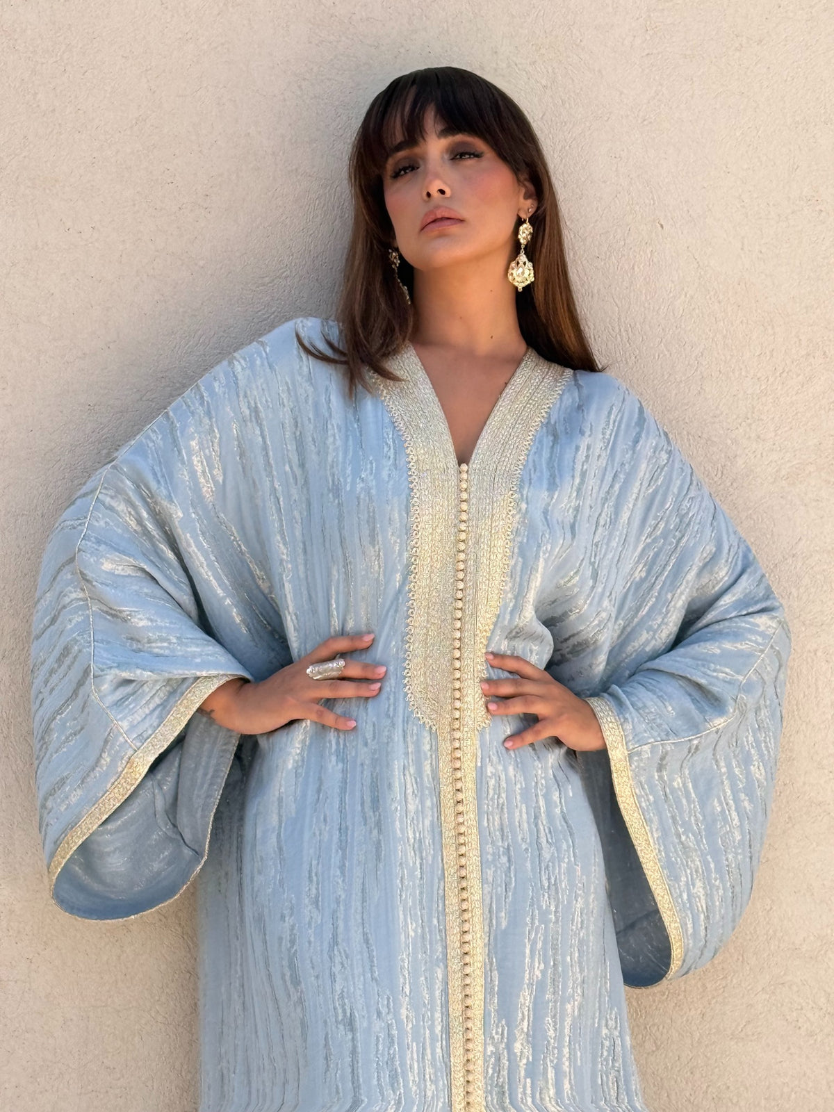 Souhaila kaftan wide sleeves and decorative cream trim