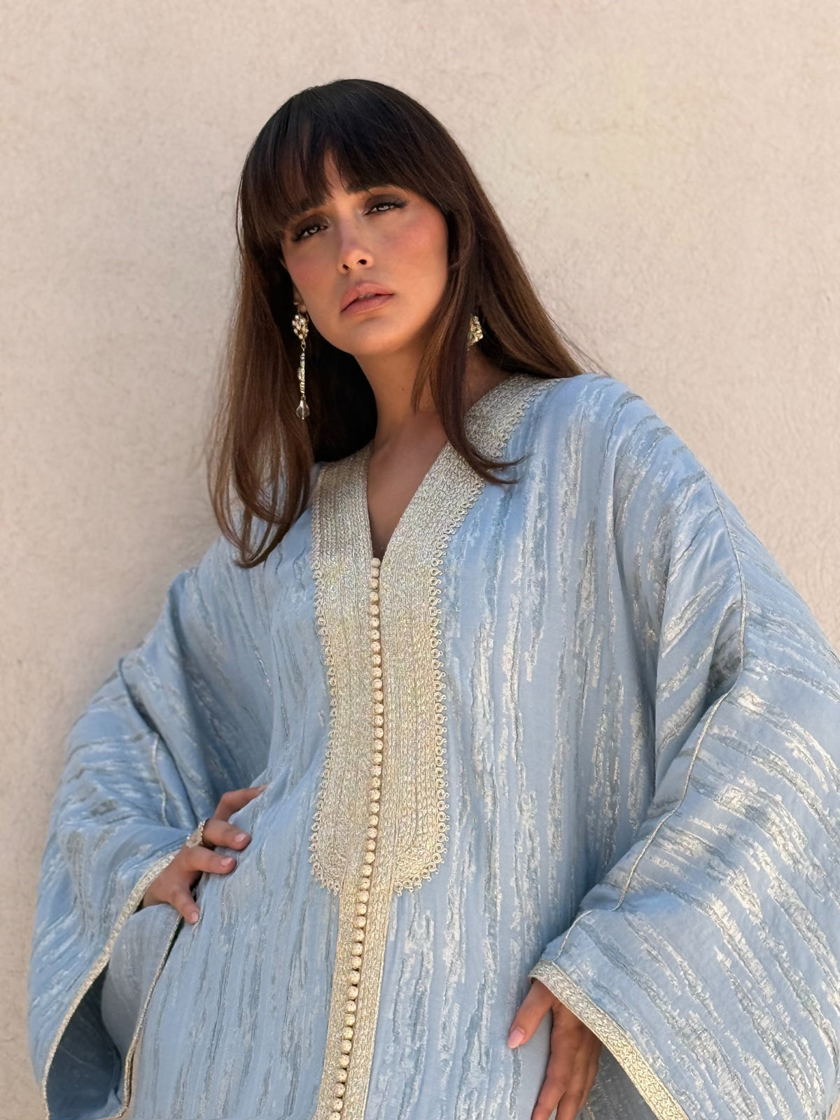 Souhaila blue kaftan, fabric and sleeve detail